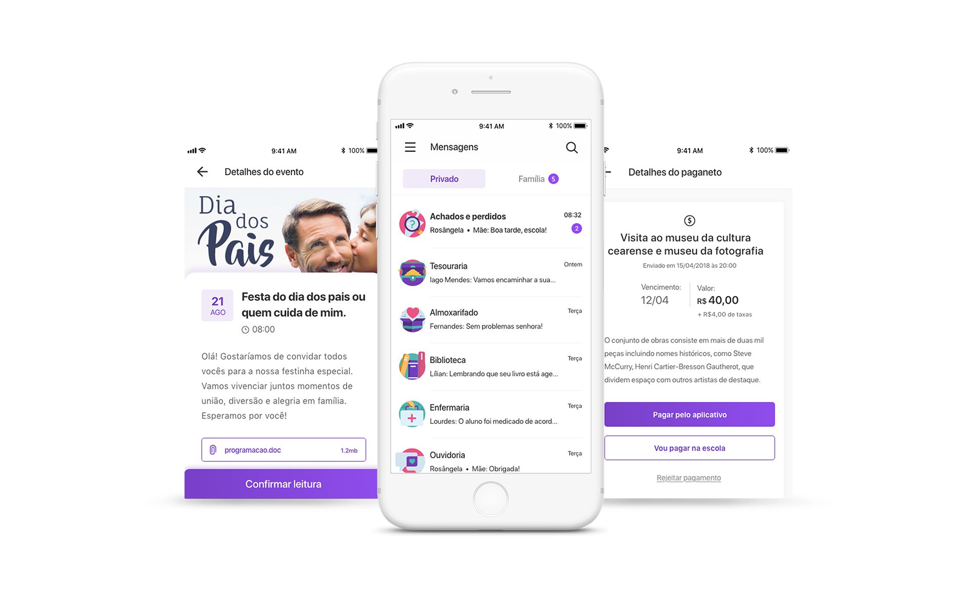 mock aplicativo agenda edu mensagem pagamento eventos