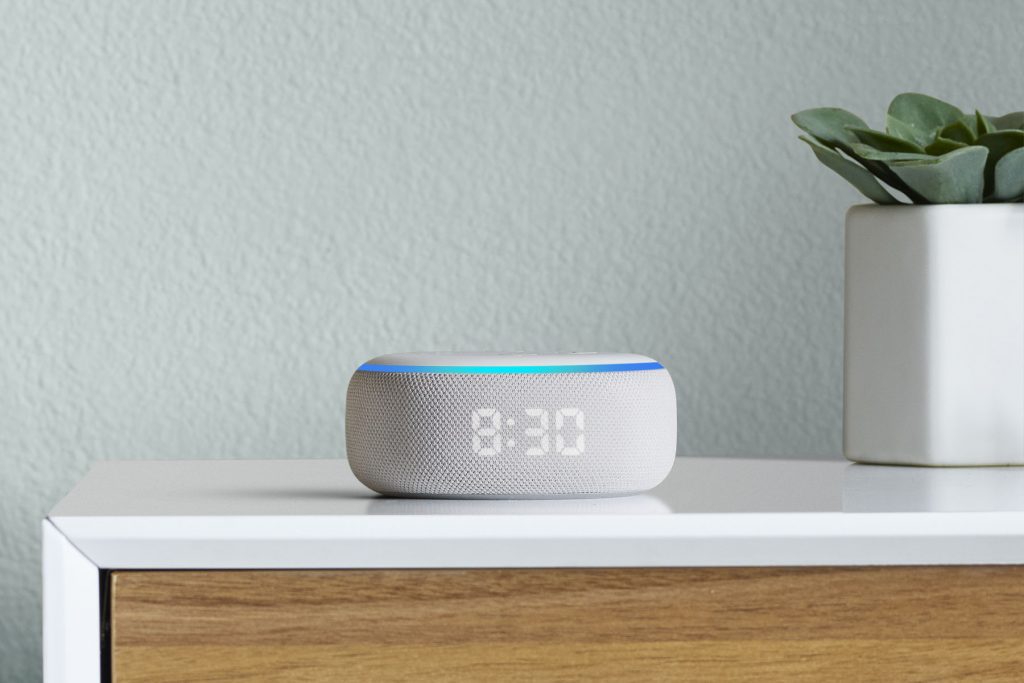 Amazon Echo Dot with Clock on sidetable