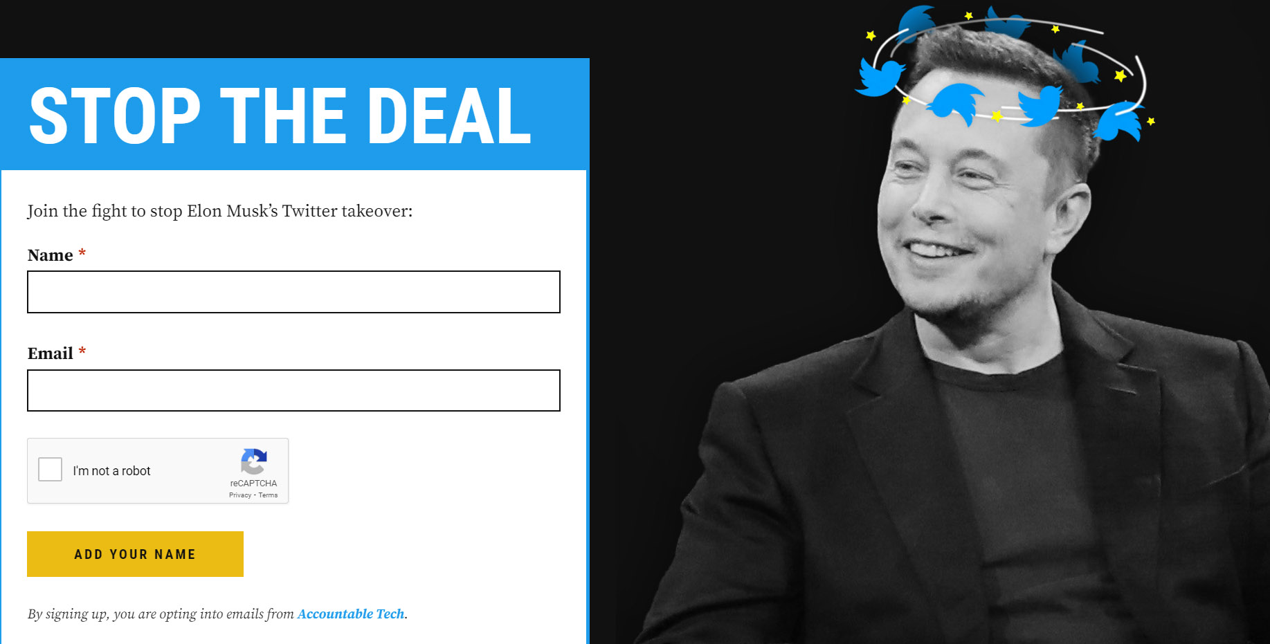 Advogados fazem campanha contra aquisição do Twitter por Musk 1 Stop the Deal; Elon Musk