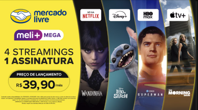 Mercado Livre lança Meli+ Mega com assinaturas de AppleTV+, Disney+, HBO Max e Netflix